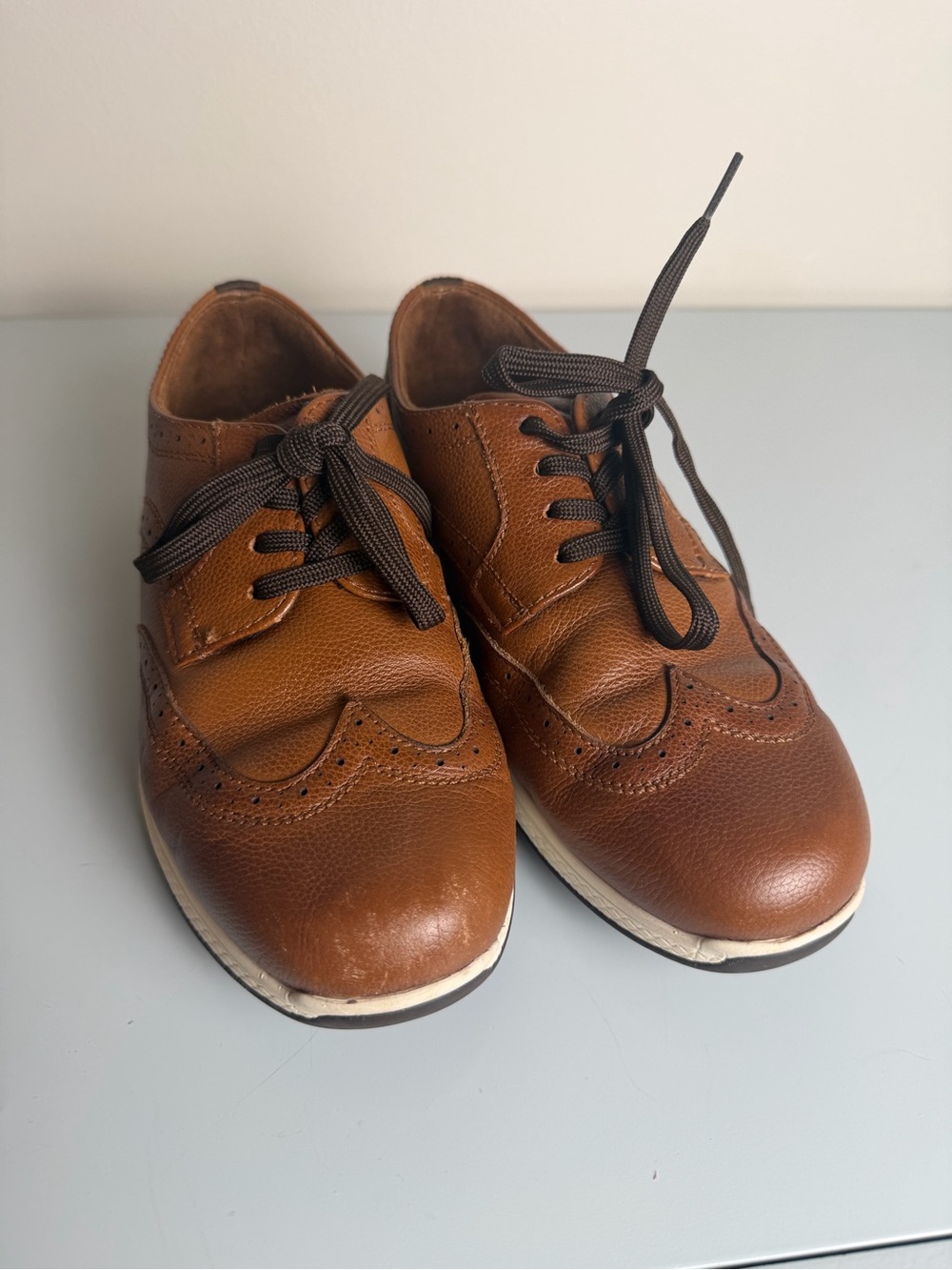 Boy’s Sz 4.5 Tan Florsheim Flex Sole Leather Wingtip Derby Dress Shoes